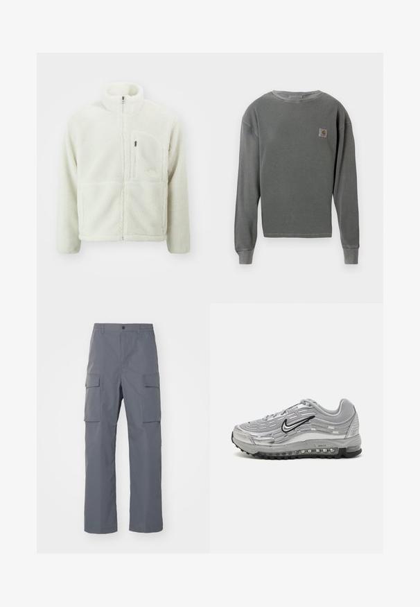 The North Face EXTREME JACKET - Giacca in pile - white dune; Pullover grigio a manica lunga con collo a girocollo, caratterizzato da una texture a coste, con una piccola etichetta quadrata logo sul lato sinistro del petto e polsini a coste.; Pantaloni cargo grigi realizzati in tessuto resistente. Le caratteristiche includono una vita elastica, due grandi tasche laterali e un taglio dritto.; Sneaker Nike Air Max grigie con parte superiore in rete e materiale sintetico, design ondulato, accenti neri e un'unità di ammortizzazione visibile.