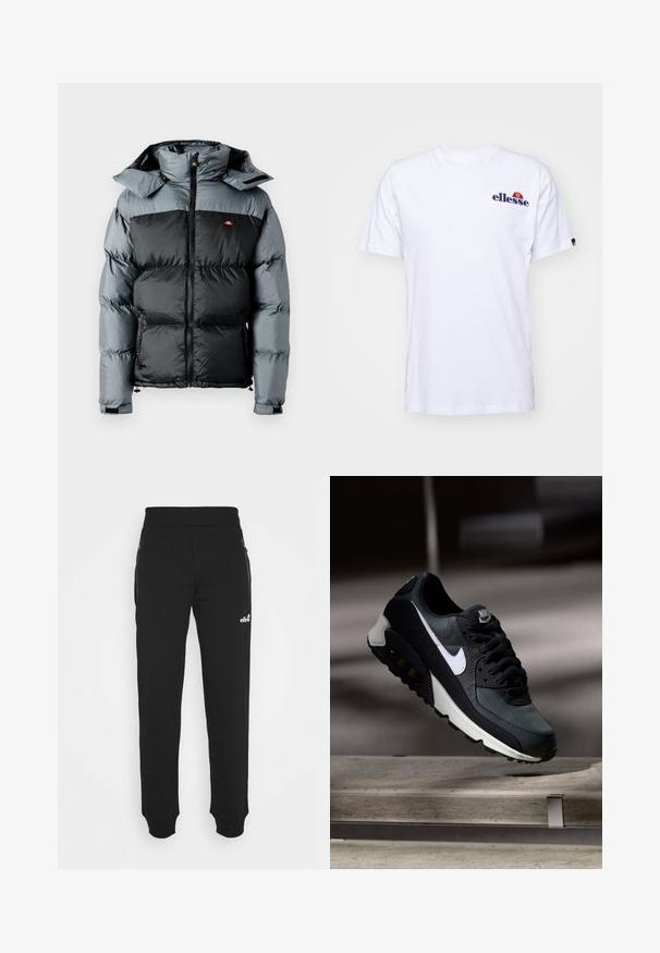 Jakna puhovka s črnim spodnjim delom in sivim zgornjim delom. Ima visok ovratnik, zadrgo in pritrjeno kapuco.; Bela bombažna majica s kratkimi rokavi, ki ima na levi strani prsnega dela vezeno logotip v mornarsko modri barvi, nad logotipom pa živahen barvni poudarek.; Črne trenirke iz mehkega blaga imajo zasnovo z zoženimi nogami, elastičen pas, stranske žepe z zadrgo in majhen logotip.; Črne in zelene športne copate z vzorčasto mrežasto zgornjo obutvijo, belim swoosh logotipom, oblazinjenim ovratnikom in vidno enoto z zračnim blaženjem v podplatu.