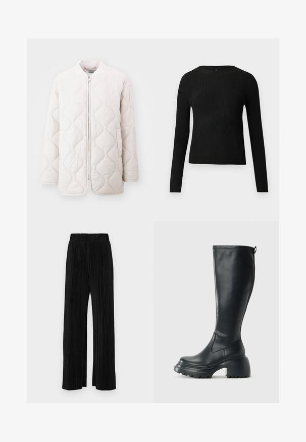 Casaco acolchoado leve em tom de creme suave, com padrões de costura ondulada, fecho de correr na frente e bolsos laterais; ajuste descontraído e gola canelada.; Suéter preto de mangas compridas com textura canelada, justo ao corpo, com um decote redondo, exibido contra um fundo claro e liso.; Calças pregueadas pretas com uma cintura elástica. Apresentam pernas largas e um tecido liso, texturizado com riscas verticais.; Bota preta de couro alta com sola de plataforma robusta e salto bloco, apresentando puxador e padrão texturizado na sola.