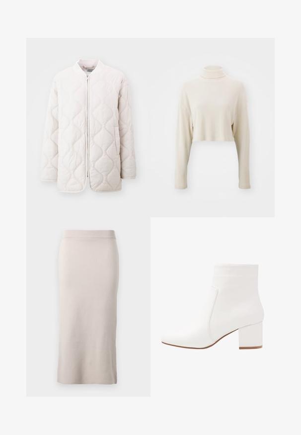 Lehká prošívaná bunda v jemné krémové barvě s vlnitými švy, předním zipem a bočními kapsami; uvolněný střih a žebrovaný límec.; Kratší svetřík s rolákem z jemného béžového ribového materiálu, s dlouhými rukávy a volným střihem, bez viditelných vzorů nebo akcentů.; Pletená tužková sukně v světle béžové barvě, s ribbovaným pasem, úzkým střihem a bočním rozparkem pro snadný pohyb. Měkká textura, minimalistický design.; Bílé kotníkové boty s hladkým povrchem, čtveratou špičkou a středně vysokým blokovým podpatkem. Švy zvýrazňují minimalistický design.
