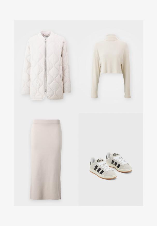 Könnyű steppelt dzseki puha krém színben, hullámos varrásmintákkal, elülső cipzárral és oldalsó zsebekkel; laza szabás és bordázott gallér.; Rövidített, puha bézs bordás anyagból készült garbó pulóver, hosszú ujjakkal és lazán illeszkedő fazonnal, látható minták vagy díszítések nélkül.; Öltözködéshez illő, világos bézs színű kötött ceruzaszoknya, bordás derékrésszel, karcsú szabással és oldalsó hasítékkal a szabad mozgás érdekében. Puha tapintású, visszafogott dizájn.; Szürke velúr sportcipők fehér fűzővel, fekete csíkokkal és fehér gumitalppal. A nyelvén kör alakú logó található, illetve a talpa színes gumi.