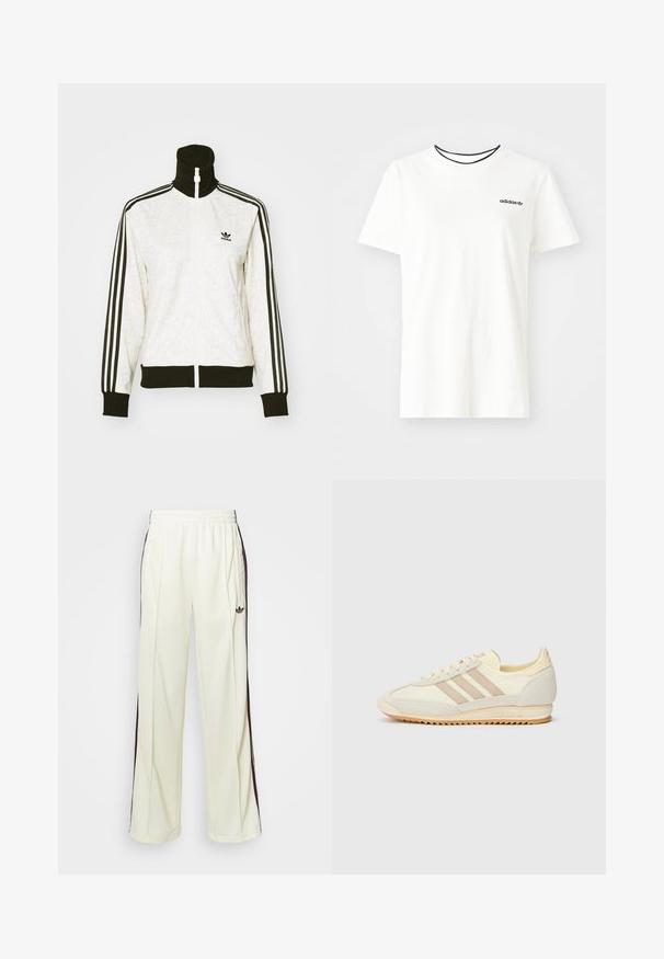 Hvid træningsjakke med et mønstret tekstur, høj krave, sort lynlås og sorte manchetter. Har sorte og hvide stribede sideaccenter.; Hvid bomulds t-shirt med korte ærmer og rund halsudskæring. Har et sort Adidas-logo på brystet og en kontrasterende sort indvendig krave.; Cremefarvede sweatpants med en afslappet pasform, der har mørkebrune sidelister og et broderet logo på venstre lår.; Creme atletisk sneakers med tre beige striber, lavet af ruskind og tekstilmaterialer, en struktureret sål og prægede mærker på hælen.