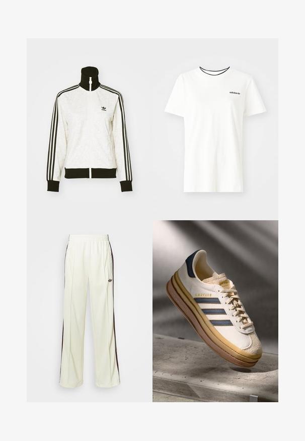 Bijela trenirka s uzorkom teksture, visoki ovratnik, crni patentni zatvarač i crne manžete. Ima crno-bijele pruge sa strane.; Bijela pamučna majica kratkih rukava s okruglim izrezom. Ima crni Adidas logo na prsima i kontrastnu crnu unutrašnju ovratniku.; Kremaste trenerke s opuštenim krojem, s tamno smešnim bočnim prugama i izvezenim logom na levom bedru.; Adidas Gazelle tenisice s kremasto antilop gornjom, plavim kožnim akcentima, tri plave pruge, bež međupotplat i smešani gumeni potplat.