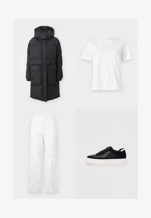 Cappotto imbottito nero con cappuccio, dotato di chiusura a zip, due tasche frontali e polsini elasticizzati. Texture liscia con sezioni trapuntate.; T-shirt bianca in cotone con maniche corte, scollatura rotonda e vestibilità rilassata. Struttura liscia, senza motivi né accenti, design minimalista.; Pantaloni bianchi a gamba larga realizzati in tessuto leggero, con una texture liscia, linee pulite e un design a vita alta.; Sneaker nera con pannelli in pelle liscia e suede, lacci piatti, punta arrotondata e suola in gomma bianca. Logo distintivo sul tallone.