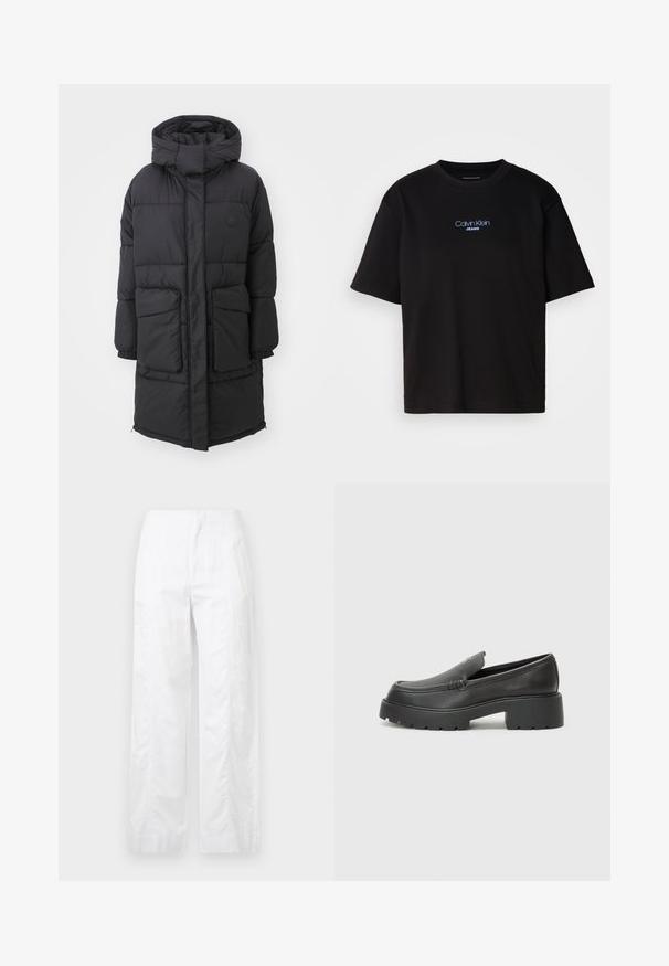 Cappotto imbottito nero con cappuccio, dotato di chiusura a zip, due tasche frontali e polsini elasticizzati. Texture liscia con sezioni trapuntate.; T-shirt nera in cotone con colletto rotondo, maniche corte e logo ricamato blu "Calvin Klein JEANS" sul davanti.; Pantaloni bianchi a gamba larga realizzati in tessuto leggero, con una texture liscia, linee pulite e un design a vita alta.; Mocassini in pelle nera con punta arrotondata, suola spessa e testurizzata, e minime cuciture. Design elegante senza lacci o parti metalliche visibili.