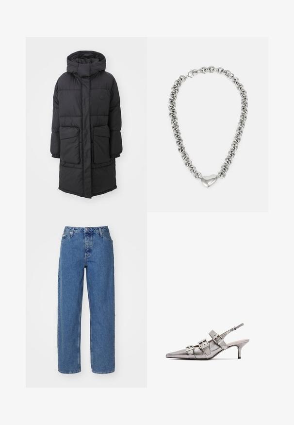Geacă neagră tip puffer cu glugă, având închidere cu fermoar, două buzunare frontale și manșete elastice. Textură netedă cu secțiuni matlasate.; Tricou din bumbac roz deschis, cu guler rotund, având un logo brodat argintiu "Calvin Klein" și un design subtil "CK" pe piept.; Jeans din denim de un albastru deschis, cu talie înaltă, design cu picior drept, stil cu cinci buzunare și textură ușor decolorată. Încălcare cu rivete și nasture.; Pantofii slingback metalici de culoare argintie, cu vârf ascuțit, prezintă trei curele late și catarame metalice pătrate. Textura lucioasă și toc subțire.; Colier din argint cu lanț format din inele rotunde interconectate și un accent în formă de inimă lustruit în centru. Include închizătoare sigură.