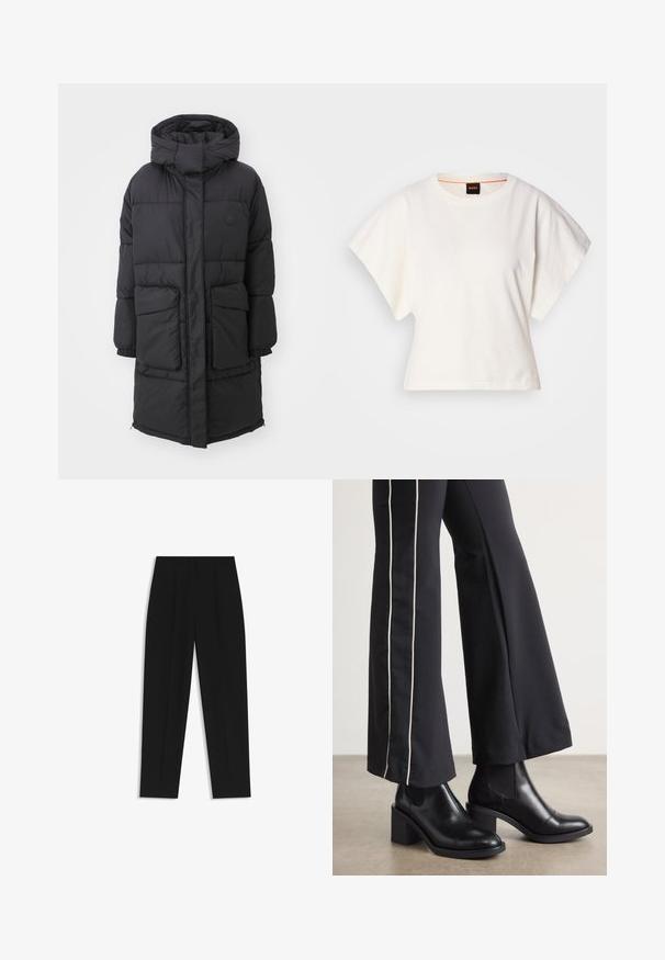Black puffer coat with a hood, featuring a zip closure, two front pockets, and elastic cuffs. Smooth texture with quilted sections.; White cropped T-shirt, short wide sleeves, soft cotton material, round neckline with subtle orange trim, minimal design, no patterns or graphics.; Black trousers with a straight fit, featuring double pleats, a smooth texture, and a classic waistband design. No visible hardware or accents.; Black leather ankle boots with a block heel, featuring elastic side panels. Paired with black pants that have a white side stripe.