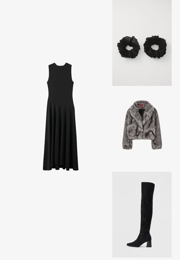 Giacca cropped in pelliccia sintetica grigia con ampio colletto, maniche lunghe e due tasche frontali. Tessuto morbido con una leggera lucentezza.; Abito maxi senza maniche nero con busto aderente e gonna svasata, caratterizzato da una texture liscia e un design minimalista, senza chiusure visibili.; Stivale in suede nero alto fino al ginocchio con tacco a blocco, punta affusolata e design liscio e senza cuciture su uno sfondo chiaro e semplice.; Borsa a tracolla in vernice nera con forma rettangolare, tracolla a catena e un distintivo accessorio in metallo al centro. Texture liscia.; Elastici in tessuto nero con una texture arricciata, caratterizzati da motivi a occhio. Disponibili in due dimensioni, entrambi morbidi, con una finitura delicata.