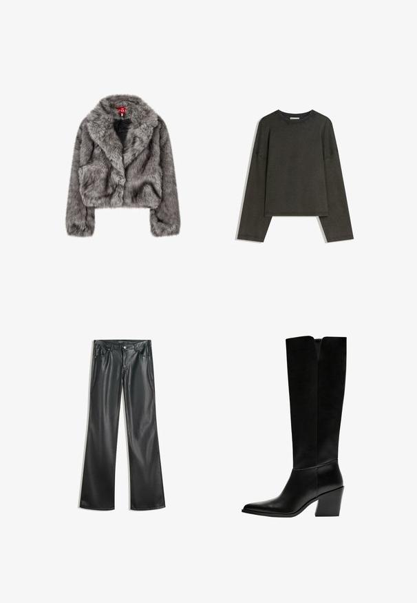 Veste cropped en fausse fourrure grise avec un large col, des manches longues et deux poches frontales. Texture douce avec un léger éclat.; Haut à manches longues gris foncé en tissu mélangé coton. Forme oversize avec un col rond et des épaules basses, présentant des coutures visibles.; Pantalons évasés en simili cuir noir avec une texture lisse, design à cinq poches, fermeture éclair à l'avant et couture contrastante.; Bottes noires montantes en cuir lisse, avec un bout pointu, un talon bloc et une découpe en V en haut.