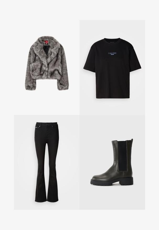 Pelēka mākslīgā kažokāda, īsa jaka ar plašu apkakli, garām piedurknēm un divām priekšējām kabatām. Mīksta tekstūra ar nelielu spīdumu.; Melna kokvilnas T-kreklu ar apaļu kaklu, īsām piedurknēm un zilu izšūtu "Calvin Klein JEANS" logo priekšpusē.; Melnas platas džinses, kas izgatavotas no denima, ar augsto jostasvietu, piecu kabatu dizainu un smalkiem šuvuma elementiem. Gluda tekstūra ar vienotu krāsu.; Zaļas ādas potīšu zābaki ar elastīgiem sānu paneļiem, noapaļota purngala un gumijas zoli. Piedāvā teksturētu apdari un bloka papēdi.