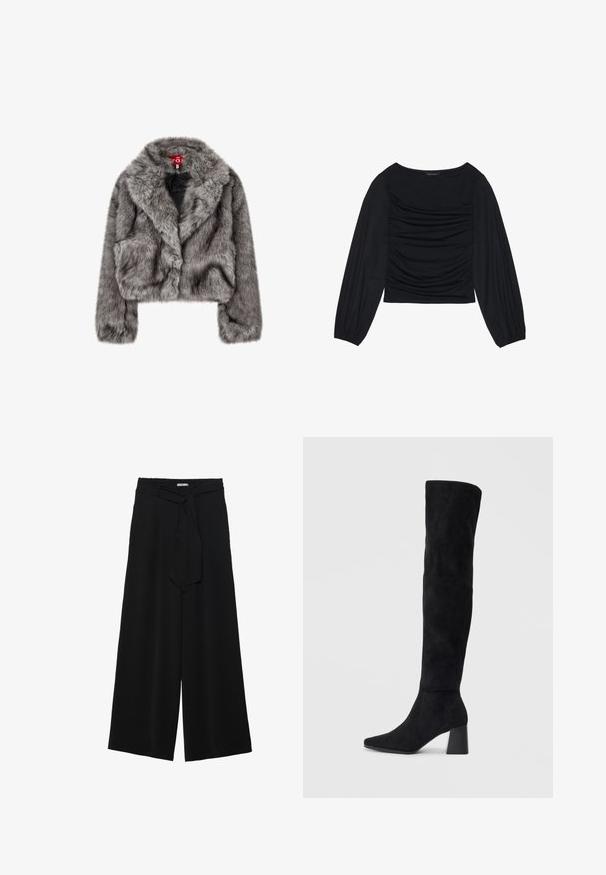 Chaqueta corta de piel sintética gris con un cuello ancho, mangas largas y dos bolsillos delanteros. Textura suave con un ligero brillo.; Top negro de manga larga con detalle de tela fruncida en la parte delantera y en las muñecas, confeccionado en un material suave y elástico con escote barco.; Pantalones de pierna ancha negros con un tejido texturizado, una cinturilla elástica y un lazo desmontable en la cintura para un ajuste ajustable.; Bota de ante negra hasta la rodilla con tacón cuadrado, puntera afilada y diseño liso y sin costuras sobre un fondo claro.