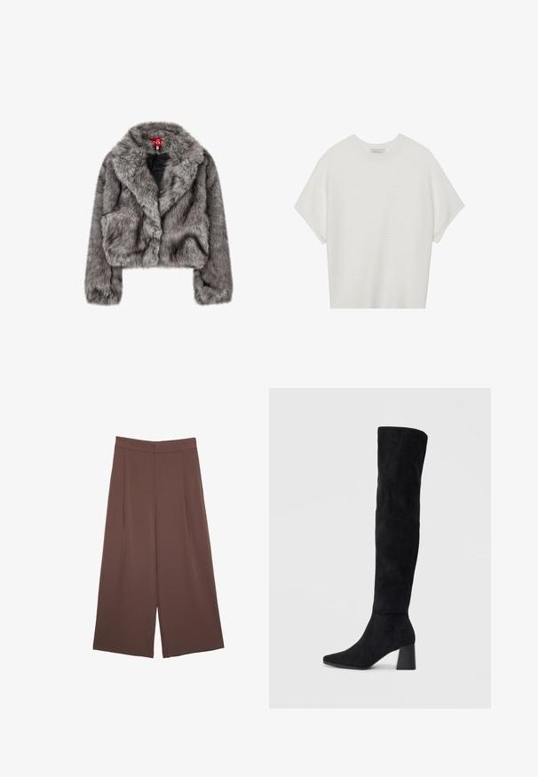 Szara kurtka z sztucznego futra, krótka, z szerokim kołnierzem, długimi rękawami i dwiema przednimi kieszeniami. Miękka tekstura z delikatnym połyskiem.; Biała koszulka z krótkim rękawem o szerokim dekolcie, wykonana z miękkiego materiału, z fakturowanym prążkowanym wzorem, charakteryzująca się luźnym krojem i minimalistycznym designem.; Brązowe spodnie o szerokich nogawkach z gładką fakturą, z wysokim stanem i plisami z przodu. Materiał jest lekki i luźno opada.; Czarne zamszowe botki do kolan na kwadratowym obcasie, z wydłużonym noskiem i gładkim, bezszwowym wzorem na jednolitym jasnym tle.