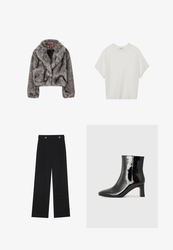 Pilkos dirbtinės kailio trumpa striukė su plačiu apykakle, ilgomis rankovėmis ir dviem priekinėmis kišenėmis. Minkšta tekstūra su nedideliu blizgesiu.; Balta trumpa rankovėmis marškinėliai su plačiu apykakle ir tekstūruotu gumbelių raštu, pagaminti iš minkštos medžiagos, pasižymintys laisvu siluetu ir tvarkingu dizainu.; Juodi plačios kojos kelnės su aukštu liemeniu, sagų detalėmis ant liemens ir priekinėmis raukšlėmis.; Juodos lakuotos odinės aulinukės su smailiu pirštu ir vidutinio aukščio blokuotu kulnu. Lygus paviršius ir minimalistinis dizainas.