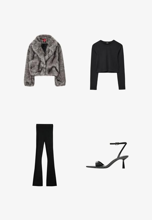 Grå faux fur cropped jakke med bred krave, lange ærmer og to frontlommer. Blød tekstur med en let glans.; Sort langærmet cropped top med rund halsudskæring, ensfarvet design og let buet kant.; Bershka Bukser - black; Bershka Højhælede sandaletter / Højhælede sandaler - black