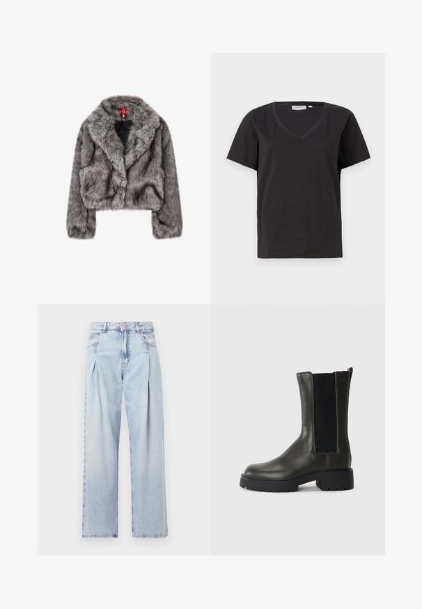 Giacca cropped in pelliccia sintetica grigia con ampio colletto, maniche lunghe e due tasche frontali. Tessuto morbido con una leggera lucentezza.; T-shirt in cotone nero con scollo a V e maniche corte. Design semplice con vestibilità regolare, senza motivi o dettagli.; Jeans in denim azzurro chiaro con vita alta, taglio a gamba larga, due tasche laterali e design plissettato. Texture morbida con una finitura sbiadita.; Stivale alla caviglia in pelle verde con pannelli laterali elasticizzati, punta arrotondata e suola in gomma. Presenta una finitura testurizzata e un tacco a blocco.