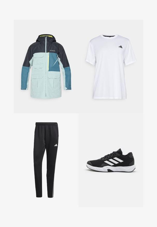 Wodoodporna kurtka w jasnoniebieskim i granatowym kolorze, wyposażona w kaptur, liczne przednie kieszenie oraz zapinaną na zamek kieszeń na klatce piersiowej z żółtym akcentem.; Biała koszulka sportowa z krótkim rękawem, wykonana z materiału odprowadzającego wilgoć. Posiada czarne logo na lewej piersi oraz wzorzystą podszewkę kołnierza.; Czarne spodenki sportowe z elastycznym pasem, białymi paskami po bokach i małym białym logo na udzie. Wykonane z gładkiego, lekkiego materiału.; Czarne buty sportowe z teksturowaną siateczką u góry, białymi paskami akcentującymi, amortyzującą podeszwą i wzmocnionym piętą dla wsparcia.