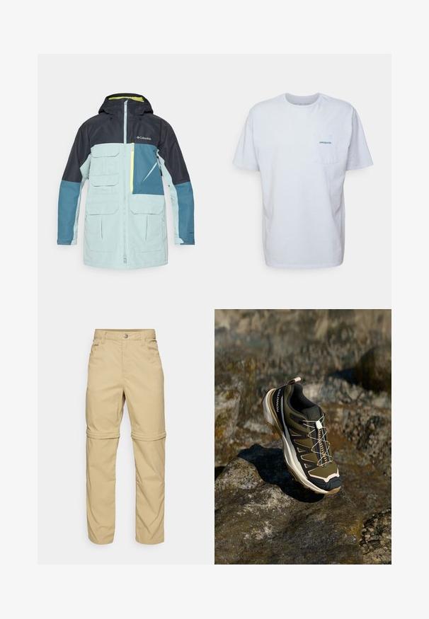 Waterdichte jas in lichtblauw en marineblauw, met een capuchon, meerdere voorzakken en een ritsborzak met gele accenten.; Witte katoenen t-shirt met korte mouwen, ronde hals en een linkerkant borstzak met een blauw "Patagonia" logo. Klassieke pasvorm met een zachte textuur.; Beige afritsbroek met een gladde textuur, voorzien van twee zijzakken, een knoopsluiting en opgerolde mouwen voor veelzijdigheid.; Wandelshoe in olijfgroen en zwart met roze accenten. Beschikt over een gestructureerd bovenwerk, flexibele zool, versterkte neuzen, en een kleurrijk vetersysteem.