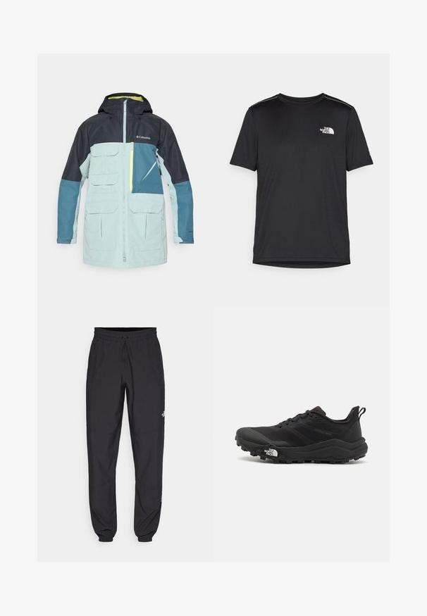Jachetă impermeabilă în albastru deschis și bleumarin, cu glugă, mai multe buzunare frontale și un buzunar pe piept cu fermoar, având detalii galbene.; Tricou negru cu mânecă scurtă, realizat dintr-un material ușor. Prezintă un mic logo alb pe pieptul stâng și accente subtile pe umeri.; Pantaloni atletici negri, confecționați dintr-un material ușor, cu un tiv elastic la talie, buzunare laterale și tivuri ajustate la gleznă.; Pantofii de alergare pe teren accidentat, de culoare neagră, cu un superior texturat, talpă din cauciuc și vârf întărit. Prezintă un guler căptușit și o bandă de prindere pentru îmbrăcare ușoară.