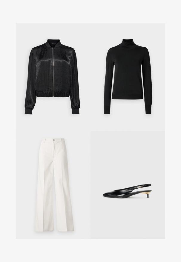 Czarna kurtka bomberka z fakturowanej tkaniny, z przednim zamkiem błyskawicznym, ściągaczami przy rękawach i u dołu, oraz geometrycznym wzorem na całej powierzchni.; Czarny sweter z długim rękawem i stojącym kołnierzem, z prążkowanymi mankietami i dołem, zaprezentowany na białym tle.; Białe spodnie typu wide-leg wykonane z bawełny o gładkiej fakturze. Posiadają zapięcie na guzik z przodu, zamek błyskawiczny oraz cztery kieszenie.; Czarne czółenka na obcasie typu slingback z ostrym noskiem, błyszczące, skórzane wykończenie oraz mały obcas z złotym akcentem. Smukły design z otwartym tyłem.