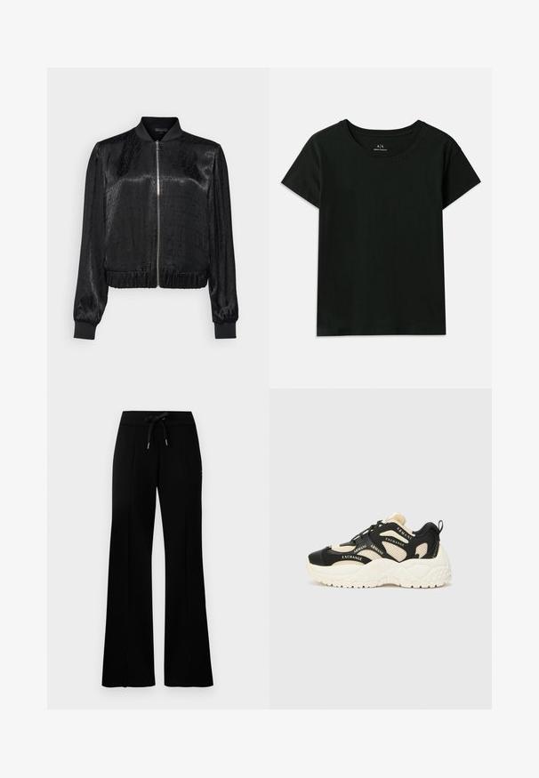 Μαύρο μπουφάν bomber με υφή υφάσματος, μπροστινό φερμουάρ, ριμπ μανίκια και στρίφωμα, με γεωμετρικό σχέδιο σε όλη του την επιφάνεια.; Μαύρη κοντομάνικη μπλούζα φτιαγμένη από βαμβάκι. Διαθέτει στρογγυλή λαιμόκοψη και ανάγλυφο κείμενο "Armani Exchange" κατά μήκος του ώμου. Απλός σχεδιασμός.; Μαύρες φαρδιές φόρμες από μαλακό ύφασμα με ρυθμιζόμενη μέση, λεπτομέρειες με πλάγιες σχισμές και κομψό σχέδιο.; Μαύρα και κρεμ αθλητικά παπούτσια με υφή στη σόλα, πάνελ από δίχτυ και κείμενο της μάρκας. Στρογγυλή μύτη και σχέδιο με κορδόνια. Ρυθμιζόμενο τακούνι.