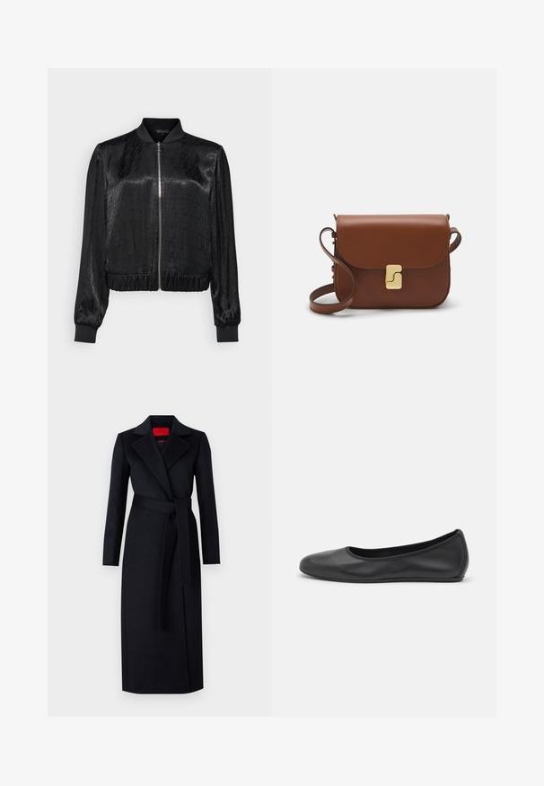 Juodas bomber tipo švarkas, pasiūtas iš tekstūruotos medžiagos, su priekyje esančiu užtrauktuku, raukšlėtais rankogaliais ir apatine dalimi, puošiamas geometriniu raštu.; Balta trumpa rankovėmis marškinėliai, pagaminti iš pasiruošusio audinio. Apvali iškirptė, reguliari tinkamumas ir subtilūs siuvimo detalės. Be raštų ar grafikos.; Juodas paltas su ilgomis rankovėmis, suvynioto dizaino ir atitinkamu diržu. Pagamintas iš sklandaus audinio, turi įpjautą apykaklę ir šonines kišenes.; Juodai odiniai baletai su apvaliu pirštu, lygi texture, minimalus siuvimo detales ir lanksčiu padų dizainu.; Ruda odinė rankinė su uždaromu dangteliu, aukso spalvos detalėmis, petneša ir lygiu paviršiumi. Kompaktiška stačiakampio formos.