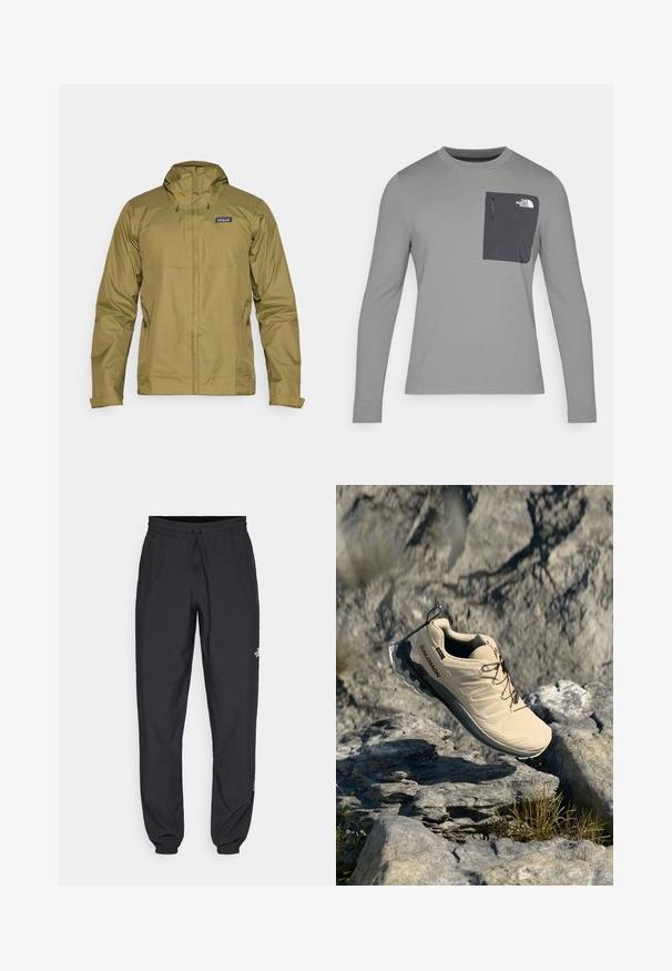 Giacca impermeabile verde oliva con cappuccio, zip frontale e cordini regolabili; presenta un logo sull'area superiore sinistra del torace.; Maglietta grigia a maniche lunghe con tessuto testurizzato, dotata di una tasca sul petto grigia scura e chiusura con zip. Logo bianco sulla tasca.; Pantaloni sportivi neri realizzati in tessuto leggero, con vita regolabile con cordino, tasche laterali e orli affusolati alle caviglie.; Scarpa da trail running beige Salomon in volo sopra un terreno roccioso all'aperto con erba sparsa e piccole pietre.