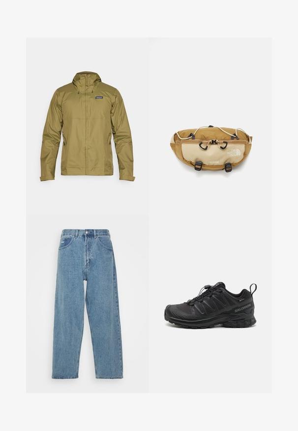 Kurtka wodoodporna w oliwkowym kolorze z kapturem, zamkiem błyskawicznym z przodu i regulowanymi sznurkami; posiada logo na górnej lewej części klatki piersiowej.; Biała koszulka z długim rękawem wykonana z bawełny, z okrągłym dekoltem. Posiada małe czarne logo na piersi. Gładka faktura, regularny krój.; Jasnoniebieskie dżinsy z wysokim stanem, luźnym krojem, z dwoma przednimi kieszeniami, tylną kieszenią naszywaną oraz zapięciem na guzik.; Czarny but sportowy z teksturowanym syntetycznym wierzchem, amortyzowaną podeszwą i systemem szybkiego sznurowania. Posiada wzmocniony nos i piętę.; The North Face UNISEX brązowy