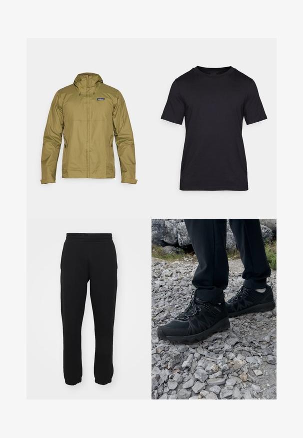 Vihreä vedenpitävä takki, jossa on huppu, etuvetoketju ja säädettävät narut; takissa on logo vasemmassa ylärinnassa.; Mustat T-paidat, jotka on valmistettu sileästä kankaasta, jossa on pyöreä kaula-aukko ja lyhyet hihat. Huomaamaton brändäys painettuna mustana rintaan.; Mustat collegehousut, jotka on valmistettu puuvillasekoitteesta. Niissä on joustava vyötärö, kapenevat lahkeet ja ribbireunat nilkoissa. Yksinkertainen muotoilu, ei kuvioita.; Mustat ulkokengät, joissa on verkko- ja synteettinen materiaali, teksturoitu päällinen, varma nauhoitusjärjestelmä ja kestävä pohja kivikkoisella maastolla.