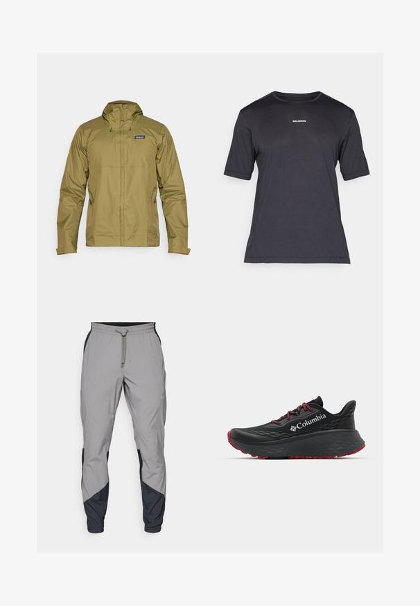 Olive green waterproof jacket with a hood, front zipper, and adjustable drawstrings; features a logo on the upper left chest area.; Black short-sleeve performance t-shirt made of breathable fabric, featuring a crew neckline and small white "SALOMON" logo on the chest.; Lightweight, gray athletic pants with black accents. Elastic waistband, drawstring closure, tapered leg design, and side pockets.; Black athletic shoe with textured upper, red laces, and logo. Thick sole with patterned tread for traction. Minimalist design, side view.