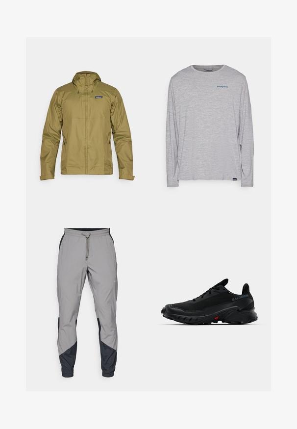 Olive green waterproof jacket with a hood, front zipper, and adjustable drawstrings; features a logo on the upper left chest area.; Light gray long-sleeve t-shirt made of soft, textured fabric. Features a crew neck and a small blue Patagonia logo on the chest.; Lightweight, gray athletic pants with black accents. Elastic waistband, drawstring closure, tapered leg design, and side pockets.; Black athletic shoes with a textured upper, rounded toe, and prominent rubber outsole. Features a logo on the side and red detailing on the sole.