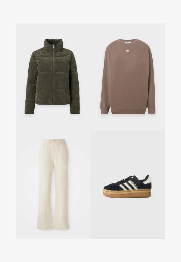 Olivovo zelená kordurová páperová bunda s vysokým golierom, predným zipsom a rebrovanou textúrou. Obsahuje polstrované sekcie s jemným povrchom.; Hnedá mikina z mäkkej látky s okrúhlym výstrihom, dlhými rukávmi a bielym logom Adidas na hrudi. Jednoduchý dizajn bez vzorov.; Krémové tepláky s jemnou textúrou, so šnúrkou na pás a rozšírenými nohavicami. Diskrétny logový detail na ľavom bedre.; Čierne chlpaté tenisky s bielymi pruhmi a zlatým písmom, s hrubou gumovou podrážkou a textúrovaným vrchom. Ozdobené fuzzy chrbátom.
