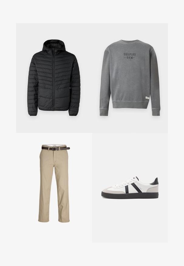 Lightweight black puffer jacket with a hood, featuring a zip closure and ribbed cuffs. The outer surface shows a quilted pattern for insulation.; Grey long-sleeve crewneck sweatshirt with "SURPLUS DNM" text printed in black on the chest and a small white label near the hem.; Beige cotton trousers with a straight cut, featuring belt loops, a brown leather belt, and a classic design. Smooth, sturdy texture.; White sneaker with black and gray accents, featuring a textured gray toe cap, black rubber sole, and flat white laces. Clean design, minimalist style.