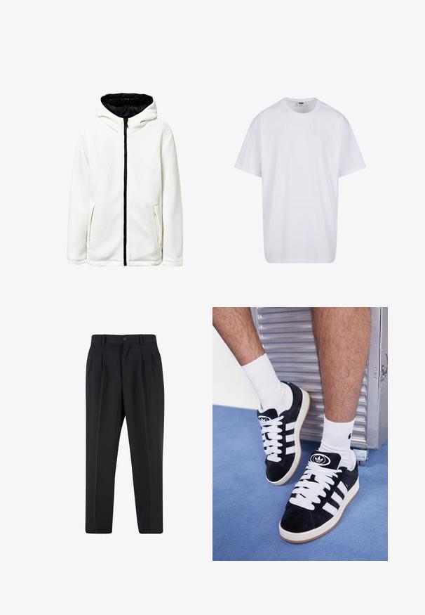 Weiße Kapuzenjacke mit einem strukturierten, gerippten Design. Sie verfügt über einen schwarzen Reißverschluss, eine gefütterte Kapuze und zwei Seitentaschen.; Weiße Baumwoll-T-Shirt mit kurzen Ärmeln, rundem Ausschnitt, lockerer Passform und ohne sichtbare Logos oder Muster. Glatte Textur und minimalistisches Design.; Schwarze Hose mit plissiertem Vorderdesign, aus glattem Stoff gefertigt. Mit Knopfverschluss und Gürtelschlaufen; gerade Passform.; Schwarze Wildledersneaker mit weißen Schnürsenkeln und drei weißen Streifen. Verfügt über ein kreisförmiges schwarzes Logo auf der Zunge und eine Gummisohle.