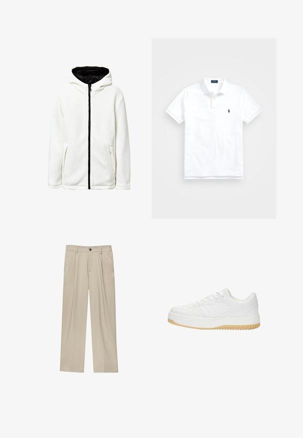 Weiße Kapuzenjacke mit einem strukturierten, gerippten Design. Sie verfügt über einen schwarzen Reißverschluss, eine gefütterte Kapuze und zwei Seitentaschen.; Weißes Polohemd aus Baumwolle, mit klassischem Kragen, kurzen Ärmeln und einem kleinen dunkelblauen Logo auf der linken Brust. Zweiknopf-Leiste.; Beige Hosen mit geradem Schnitt, ausgestattet mit einem einzelnen schwarzen Knopf, Gürtelschlaufen und Seitentaschen. Glatte Stofftextur und minimalistisches Design.; Weiße Ledersneaker mit strukturiertem Finish, ausgestattet mit Gummisohle, Schnürdesign und dezenten Streifenakzenten an den Seiten.