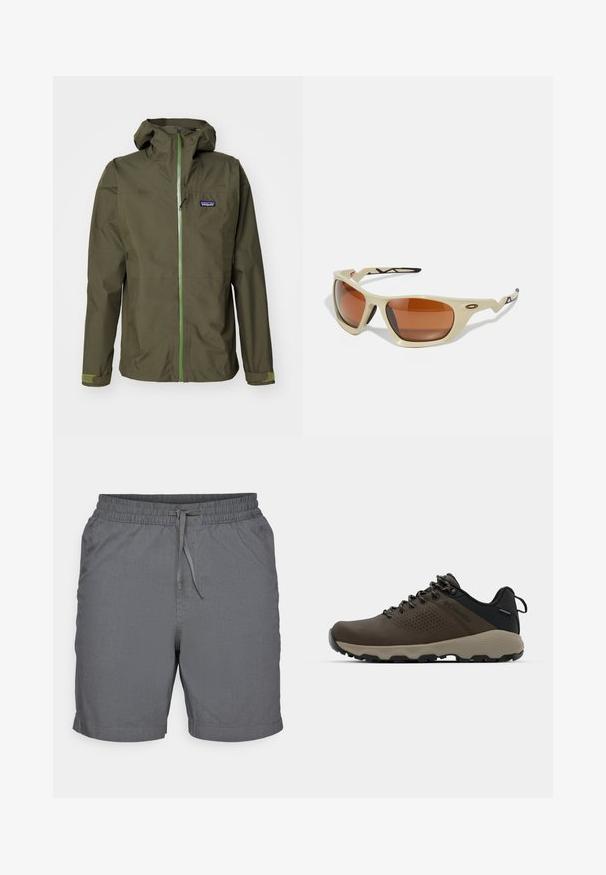 Olivově zelená voděodolná bunda s předním zipem, nastavitelnou kapucí a elastickými manžetami. Obsahuje logo na levé hrudi a kontrastní zelené akcenty.; Černý fleece pulover s krátkým zipem a dlouhými rukávy, plochými švy a logem na levé hrudi. Hladká textura, ležérní styl a univerzální design.; Šedé tričko s krátkým rukávem vyrobené z měkké, texturované látky, se malým modrým logem Patagonia na levé straně hrudi. Žádné další vzory.; Šedé kraťasy vyrobené z lehké tkaniny s elastickým pasem a šňůrkou. Mají hladkou texturu a sahají nad kolena.; Hnědé nepromokavé sneakers s texturovaným svrškem, perforovanými detaily, černým oporou paty a šedou gumovou podrážkou. Šňůrky mají kovové konce.; Béžové sportovní sluneční brýle s hnědými skly, aerodynamický design, texturované černé akcenty na stranách a ostré tvary.