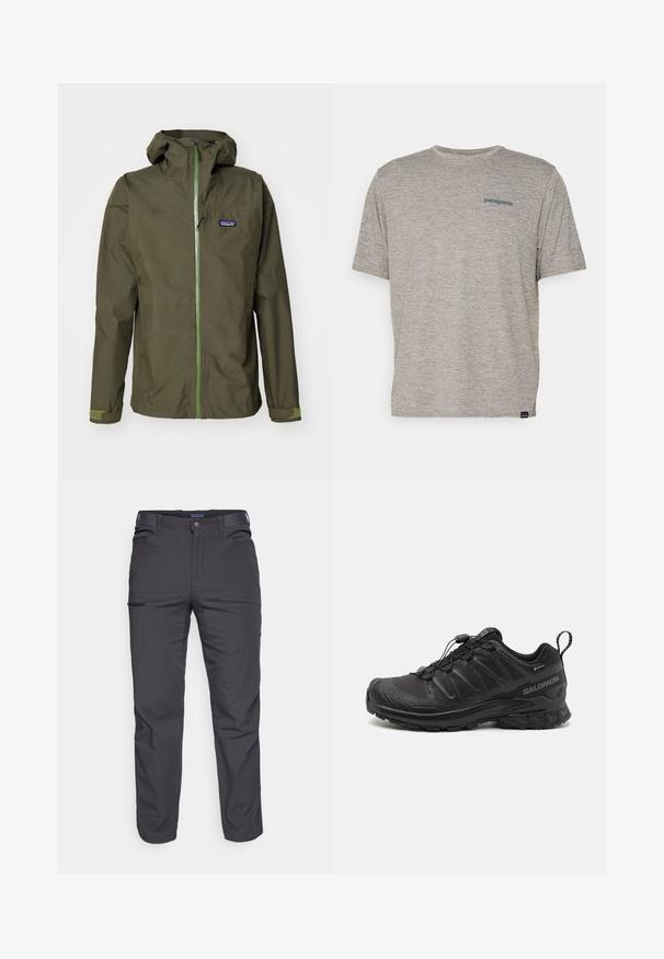 Veste imperméable vert olive avec une fermeture éclair à l'avant, capuche ajustable et poignets élastiques. Elle comporte un écusson logo sur la poitrine gauche et des accents verts contrastants.; T-shirt gris à manches courtes en tissu doux et texturé, arborant un petit logo bleu Patagonia sur le côté gauche de la poitrine. Pas de motifs supplémentaires.; Pantalons gris foncé en tissu durable, dotés d'une poche zippée, d'une coupe droite et de passants de ceinture pour un ajustement réglable.; Chaussure de sport noire avec une tige synthétique texturée, une semelle rembourrée et un système de laçage rapide. Elle présente un bout et un talon renforcés.