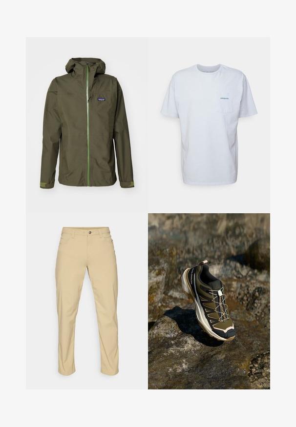 Giacca impermeabile verde oliva con zip frontale, cappuccio regolabile e polsini elasticizzati. Presenta un patch con logo sul petto sinistro e dettagli verdi a contrasto.; T-shirt bianco in cotone con maniche corte, scollo rotondo e tasca sul petto sinistro con il logo "Patagonia" blu. Vestibilità classica con una texture liscia.; Patagonia QUANDARY PANTS - Pantaloni outdoor - classic tan; Scarpe da escursionismo in verde oliva e nero con dettagli rosa. Presentano una parte superiore testurizzata, suola flessibile, puntale rinforzato e un vivace sistema di allacciatura.