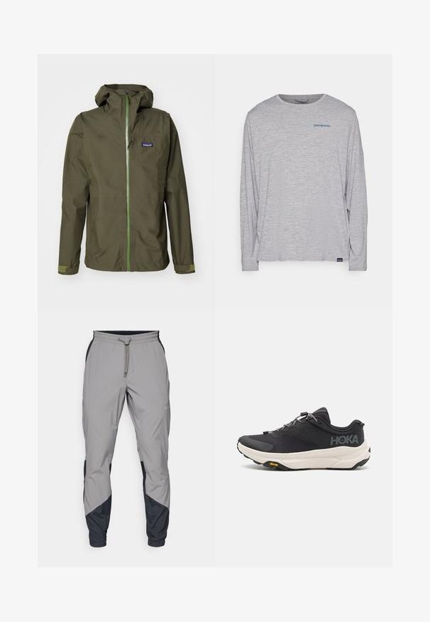 Olíva zöld vízálló dzseki elülső cipzárral, állítható kapucnival és elasztikus mandzsettákkal. Bal mellkason logó felvarrás található, valamint kontrasztos zöld részletek.; Világosszürke, hosszú ujjú póló, puha, texturált anyagból készült. Kerek nyakkivágással és egy kis kék Patagonia logóval rendelkezik a mellkasán.; Könnyű, szürke sportnadrág fekete részletekkel. Rugalmas derékpánt, zsinóros zárás, szabott lábszár kialakítás és oldalsó zsebek.; Fekete sportcipő texturált felsőrésszel, szürke kiegészítőkkel, fényvisszaverő részletekkel és vastag fehér talppal, amelyen Vibram márkajelzés található.