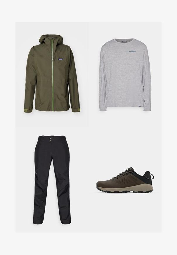 Olive roheline veekindel jope, millel on esi tõmblukk, reguleeritav kapuuts ja elastsed varrukad. Omab logosilti vasakul rinnal ja kontrastseid rohelisi detaile.; Heledhalli pikkade varrukatega t-särk, mis on valmistatud pehmest, tekstureeritud kangast. Omab ümberkaela lõiget ja väikest sinist Patagonia logo rinna peal.; Mustad veekindlad püksid siledast tekstuurist, kahe esipõhja nupuga ja kitseneva jala disainiga. Ääristatud küljele paigutatud logoga.; Kohandatud veekindlad pruunid spordijalatsid tekstuuriga pealisega, perforatsioonidega detailid, must kandetoetav osa ja hall kummine sisetald. Paelad on metallist otstega.