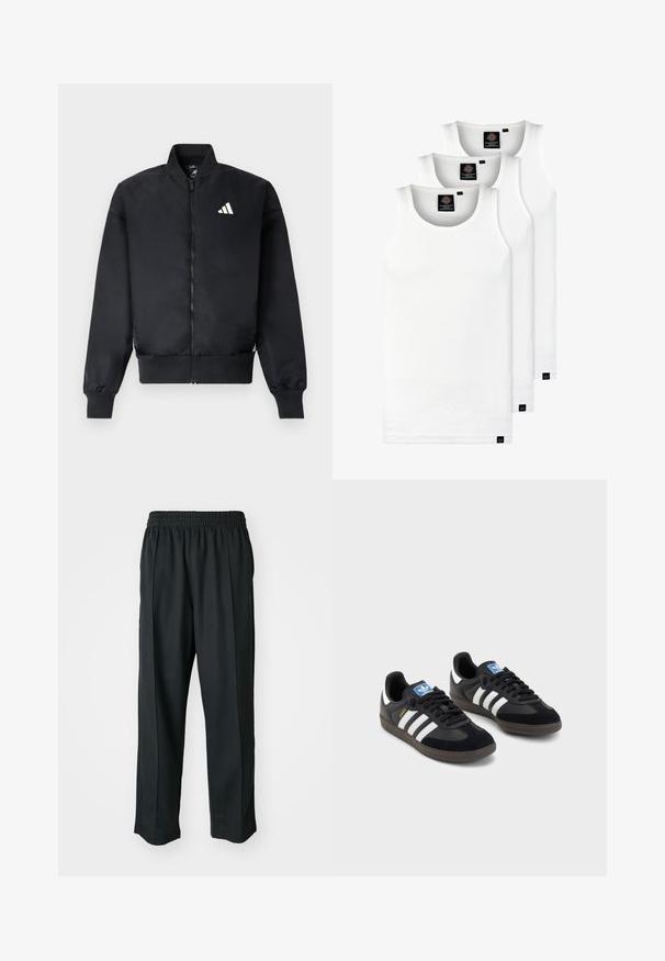 Črni bomber jakna z zadrgo spredaj, rebrastimi manšetami in majhnim belim logotipom na levi prsni strani. Gladek material s strukturiranim krojem.; Tri bele rebraste majice brez rokavov iz bombaža. Imajo okroglo izreza in majhne črne etikete blizu roba. Na voljo v več velikostih.; Crne športne hlače z elastiko v pasu, narejene iz gladkega materiala, z diskretnim stranskim šivanjem in ohlapnim krojem ter ravnimi nogavicami.; Črne športne copate z zgornjim delom iz semiša in sintetičnih materialov, ki imajo tri bele črte, teksturiran gumijast podplat in modro označevalno oznako na jeziku.