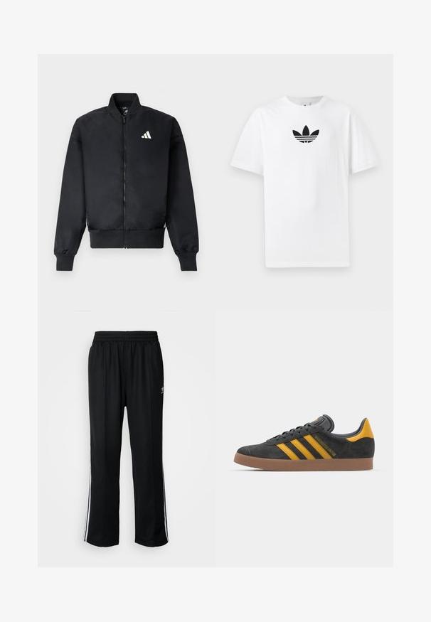 Juoda bombonešio striukė su užtrauktuku priekyje, ribotais rankogaliais ir mažu baltu logotipu kairėje krūtinės pusėje. Lygus audinys su struktūruotu prigludimu.; Baltas medvilnės marškinėliai su juodu Adidas logo centre. Trumpomis rankovėmis ir apvalia kaklo iškirpte. Lygus audinys.; Juodi sportiniai keliai su elastingu juosmeniu, su baltais šonais ir mažu logotipu. Atrodo, kad medžiaga yra minkšta ir lengva.; Juodas zomšinės sportbačiai su geltonais akcentais, turintys tris juosteles ir rudą gumos padą. Apima paminkštintą liežuvėlį patogumui.