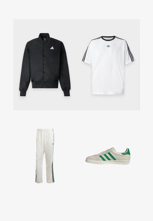 Giacca bomber nera con zip frontale, polsini a costine e un piccolo logo bianco sul petto sinistro. Tessuto liscio con una vestibilità strutturata.; Maglietta bianca in cotone, con scollatura rotonda nera e tre strisce nere su ciascuna spalla. Piccolo logo nero sul petto.; Pantaloni da ginnastica bianchi con strisce verdi sui lati, cintura elastica e un logo sulla parte superiore sinistra. Realizzati in tessuto leggero.; Sneaker beige con strisce verdi, con suola bianca e tomaia in pelle liscia. Vista laterale che evidenzia i dettagli dei lacci e il logo.