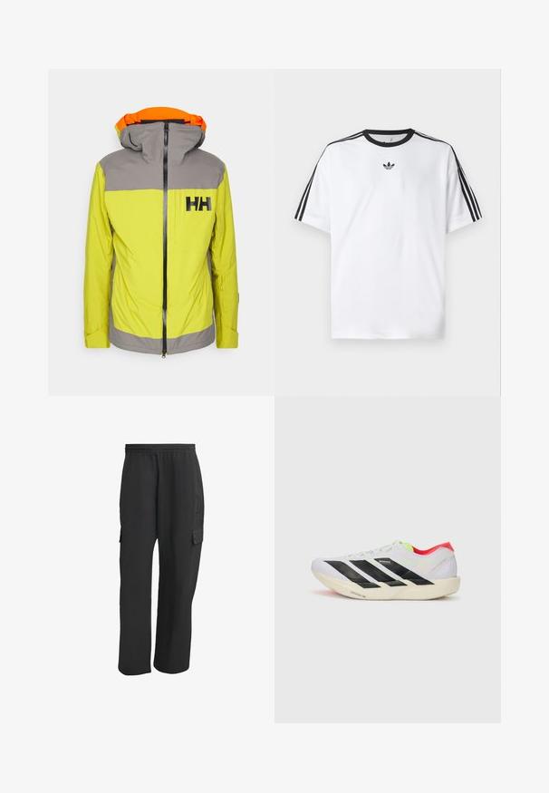 Bright yellow jacket with gray accents, a zip front, and a hood featuring an orange inner lining. Includes a chest pocket and logo detail.; White T-shirt made of cotton, featuring a black round neckline and three black stripes on each shoulder. Small black logo on the chest.; Black cargo pants with an elastic waistband, featuring side pockets, loose fit, and a textured fabric. Designed for comfort and utility.; White running shoe with black stripes, neon green accents, and a red heel. Features a lightweight design and textured sole for grip.