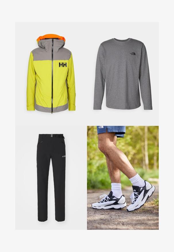 Helle gelbe Jacke mit grauen Akzenten, einem Reißverschluss auf der Vorderseite und einer Kapuze mit einem orangefarbenen Innenfutter. Enthält eine Brusttasche und ein Logodesign.; The North Face M L/S SIMPLE DOME TEE - Langarmshirt - medium grey heather; Schwarze Outdoor-Hosen aus glattem Stoff, mit seitlichen Reißverschlusstaschen, verstärkten Kniepartien und einem verstellbaren Bund mit Schnalle.; Schwarz-weiße Sportschuhe mit einem Obermaterial aus Mesh, strukturierten Akzenten und weißen Schnürsenkeln. getragen mit weißen Knöchelsocken und dunkelblauen Shorts auf einem Weg.