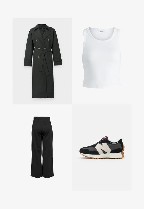 Mørkegrøn trenchcoat med dobbeltbrystet design, guldtonede knapper, bælte i taljen, og lange ærmer med manchetbeskyttelse.; Hvid ribbet tanktop med rund halsudskæring, ærmeløs design og cropped længde. Etiketten står der "JJXX." Glat stoftekstur.; Sorte, vide bukser med elastisk talje, lavet af glat stof. Har et enkelt design uden lommer eller synlige sømdetaljer.; Sort og grå ruskinds sneakers med et stort cremefarvet "N" logo, lilla snørebånd og en struktureret gummisål.