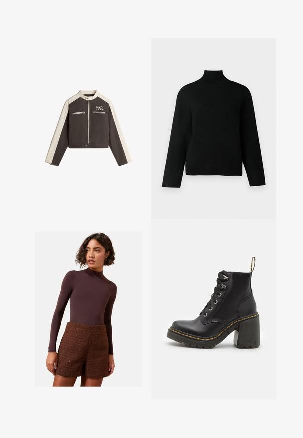Vans RYDEN BIKER - Giacca di jeans - black; Maglione a collo alto di colore nero realizzato in morbido tessuto a maglia, con maniche lunghe e una vestibilità comoda. Tessuto liscio senza motivi o dettagli visibili.; Body a maniche lunghe marrone abbinato a pantaloni corti in maglia marrone testurizzata. Il body ha un collo alto, mentre i pantaloni corti presentano un design strutturato.; Stivaletto in pelle nera con tacco alto chunky, lacci frontali, occhielli in metallo e cuciture gialle lungo la suola. Suola in gomma testurizzata.