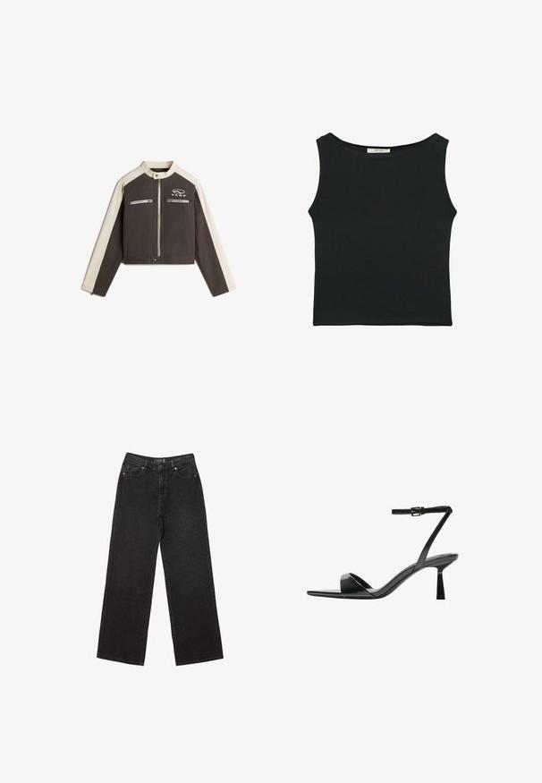 Vans RYDEN BIKER - Cowboyjakker - black; Sort ærmeløs top i glat stof, med rund halsudskæring og en tætsiddende pasform uden synlige mønstre eller udsmykninger.; Sorte brede jeans lavet af denim, med små prikkede mønstre, klassisk fem-lomme design og en knap- og lynlåslukning.; Bershka Højhælede sandaletter / Højhælede sandaler - black