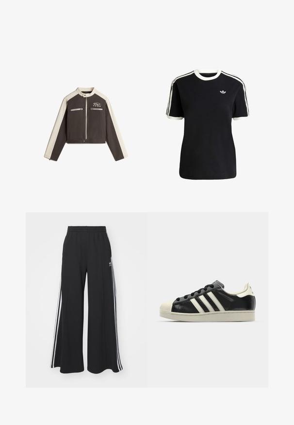 Vans RYDEN czarny; Czarna bawełniana koszulka z białymi akcentami na kołnierzyku i rękawach, z trzema białymi paskami na każdym ramieniu oraz małym logo na piersi.; Czarne szerokie spodnie dresowe z elastycznym pasem, z białymi paskami po bokach i haftowanym logo na lewej udzie.; Czarne skórzane trampki z białymi paskami, gumowym czubkiem, czarnymi sznurówkami i kremową podeszwą. Gładka faktura z połyskującym wykończeniem.