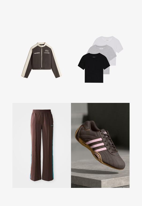 Vans RYDEN BIKER - Denim jacket - black; Set of three short-sleeve t-shirts in black, gray, and white. Made from cotton, featuring a crew neck and a simple, solid color design.; Brown athletic pants with a ribbed texture, elastic waistband, and turquoise side stripes. Features the adidas logo on the front.; Brown suede athletic shoe with pink stripes and logo, featuring a textured upper, lace closure, and a gum rubber sole.