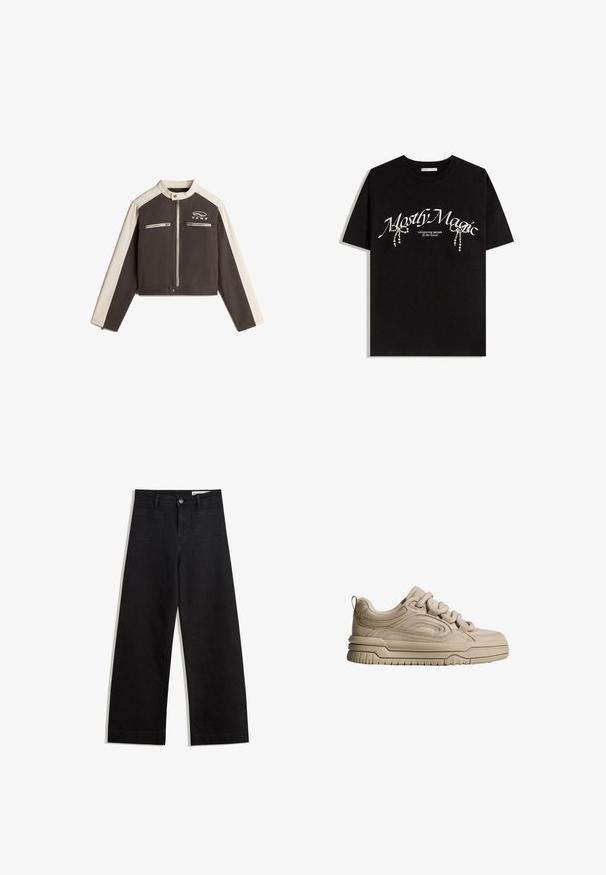 Vans RYDEN BIKER - Denim jacket - black; Black cotton t-shirt featuring "Mostly Magic" text in white, adorned with decorative pearl accents. Short sleeves, relaxed fit, crew neck.; Black wide-leg denim pants with a high waist, featuring front and back pockets, stitched seams, and a button closure. Smooth texture.; Beige suede sneaker with a round toe, textured panels, thick sole, and lace-up design. Features a rear pull tab for easy wear.